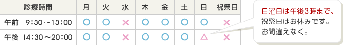 診療案内：水、祝定休　午前9時30分から午後8時まで営業（日曜は午後3時まで）